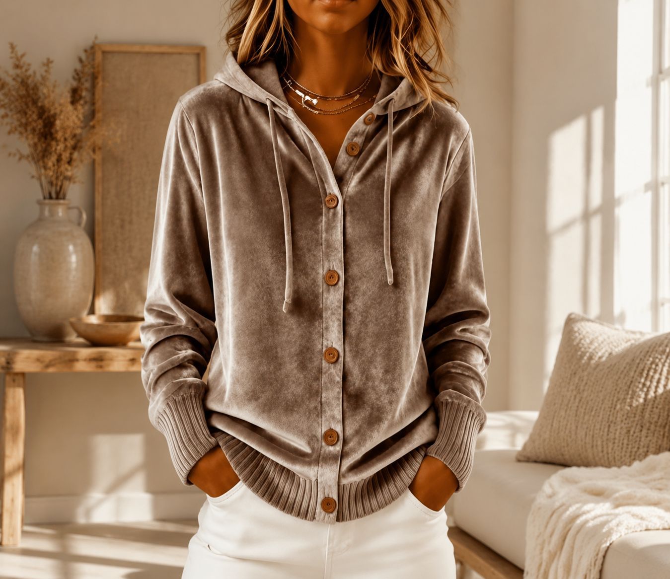 Buttoned Velvet Hooded Cardigan Solid-Color Coat For Women - Cozy Haven