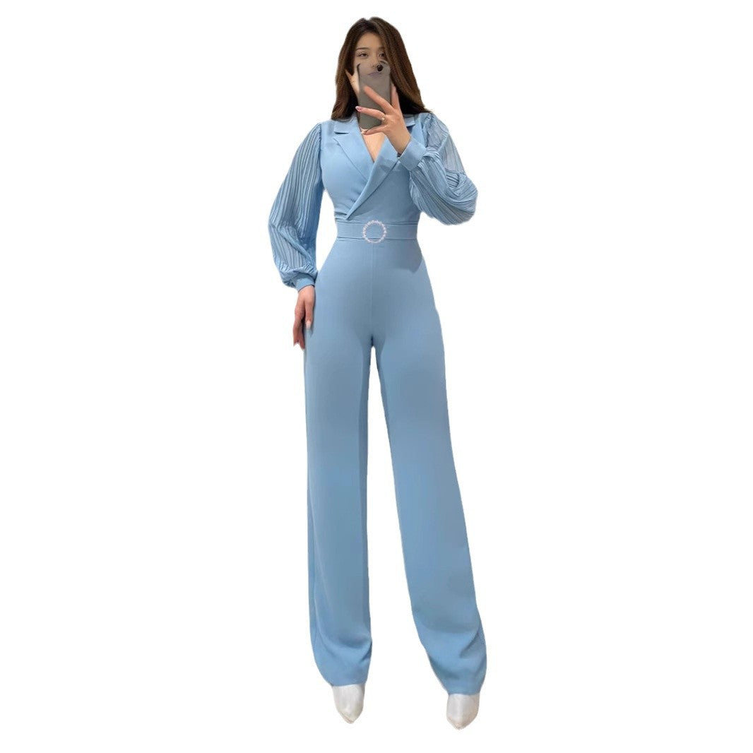 Fitted Jumpsuit With Pleated Long Sleeves And A Blazer Collar - Cozy Haven