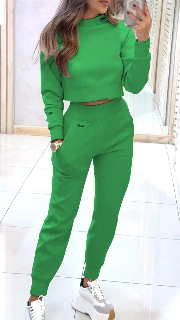 Stand Collar Sports Suit Fashion Pullover Long-sleeves Short Top And Slim Trousers With Pockets Solid Outfits Women's Clothing - Cozy Haven