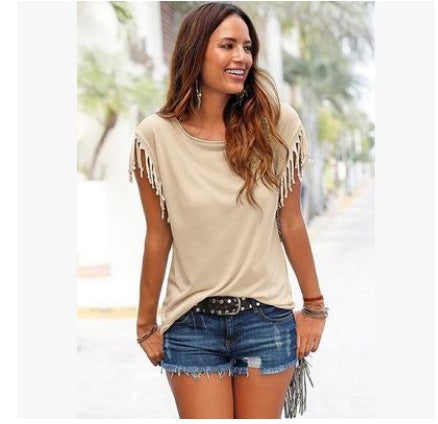 Wish quick sale eBay ladies Europe and America big size round neck short sleeve cuffs tassel T-shirt cotton tops - Cozy Haven
