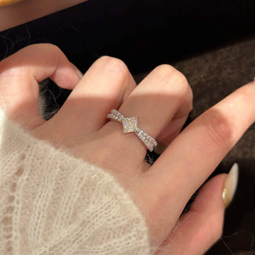 Four Point Star Clear Simulated Zirconia Thin Ring Silver Tone Full Pave Stackable Women Daily Finger Ornaments - Cozy Haven