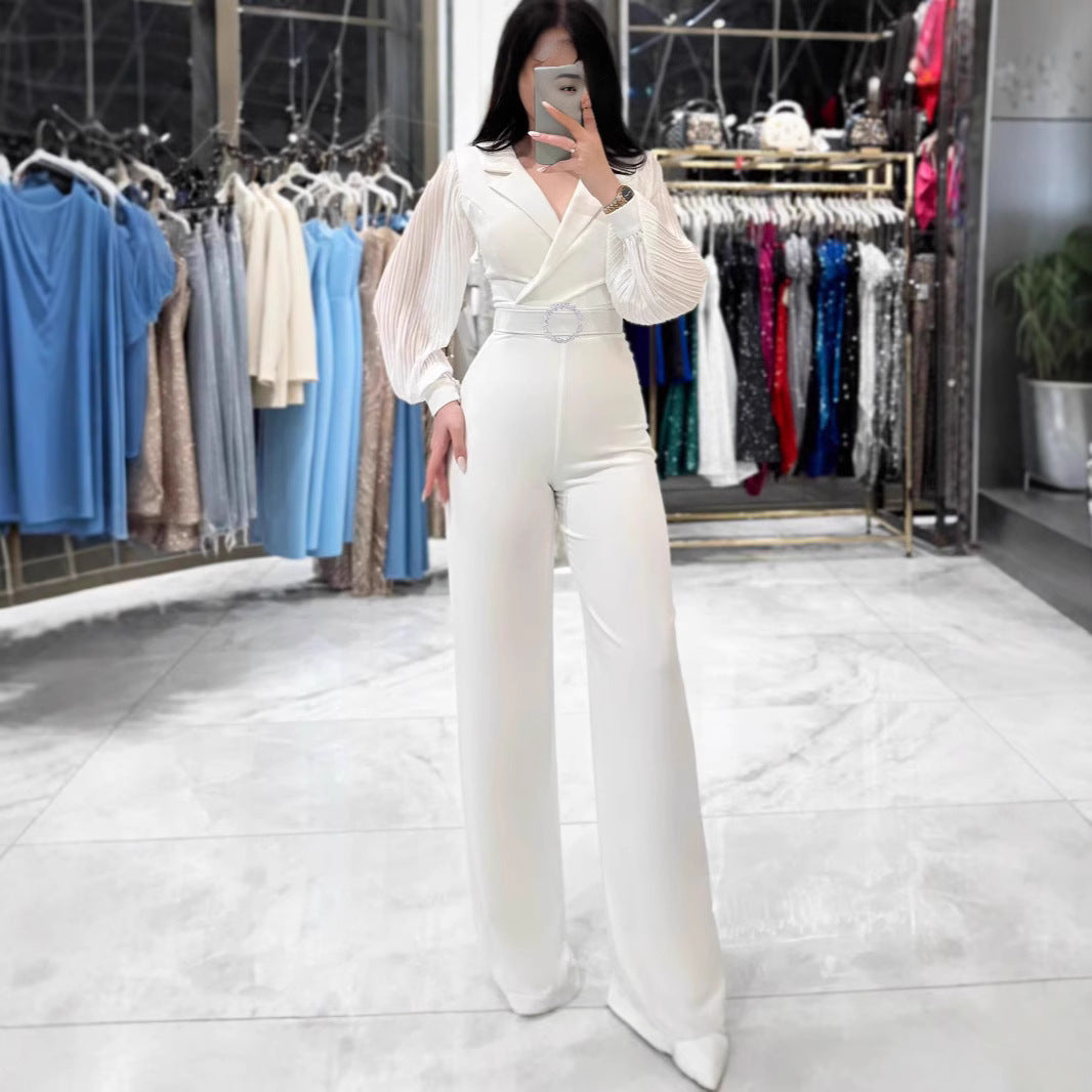 Fitted Jumpsuit With Pleated Long Sleeves And A Blazer Collar - Cozy Haven