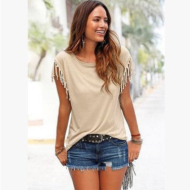 Wish quick sale eBay ladies Europe and America big size round neck short sleeve cuffs tassel T-shirt cotton tops - Cozy Haven
