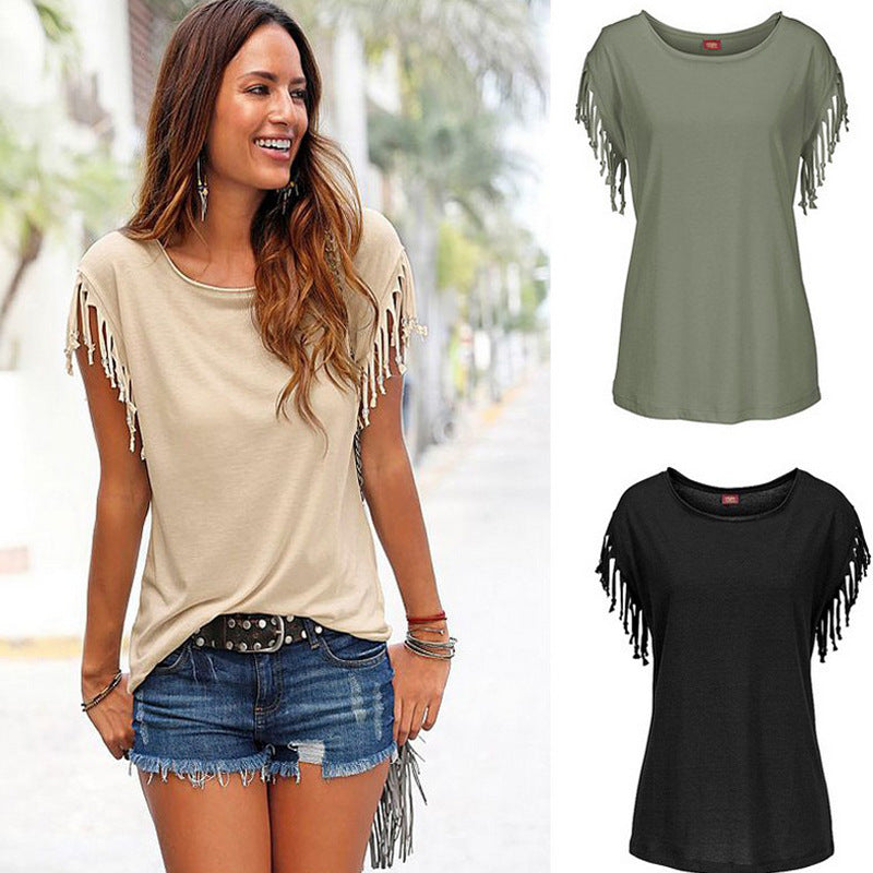 Wish quick sale eBay ladies Europe and America big size round neck short sleeve cuffs tassel T-shirt cotton tops - Cozy Haven