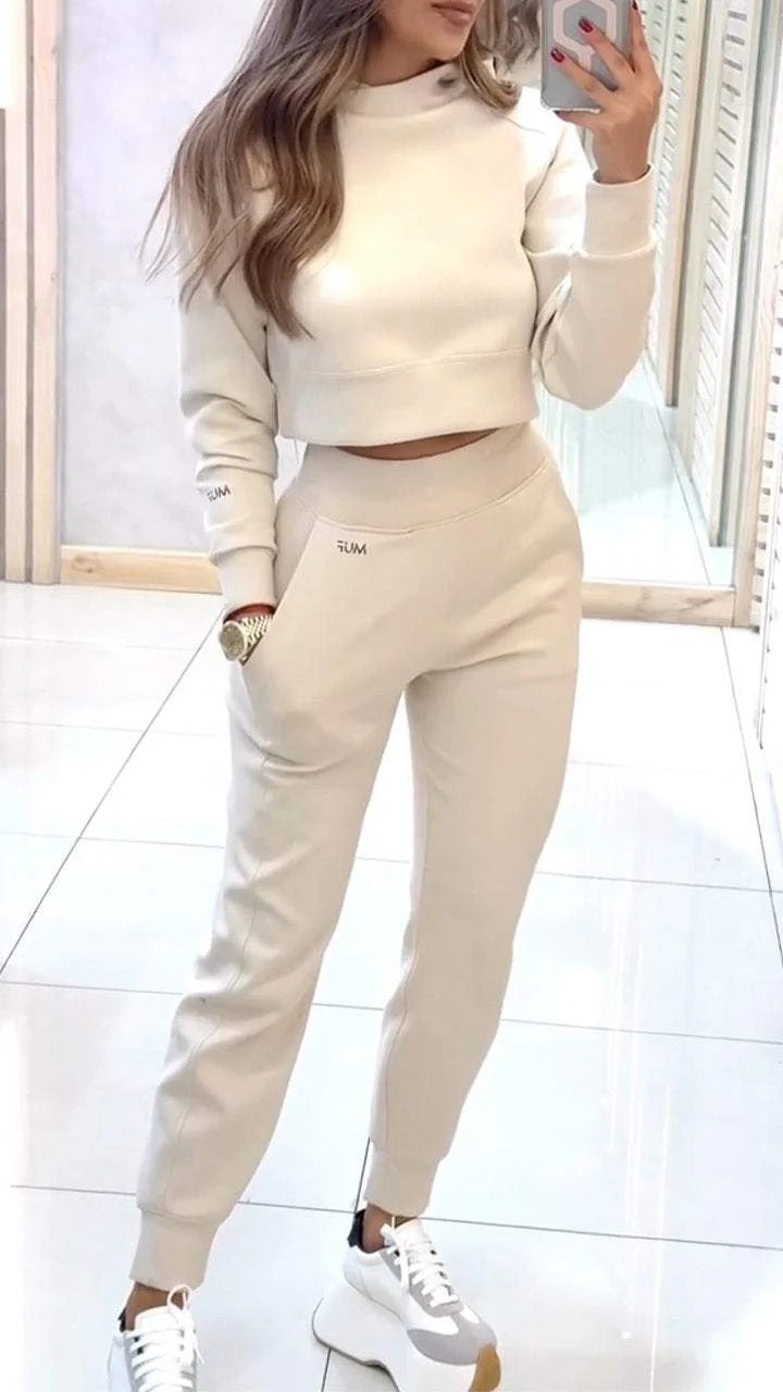 Stand Collar Sports Suit Fashion Pullover Long-sleeves Short Top And Slim Trousers With Pockets Solid Outfits Women's Clothing - Cozy Haven