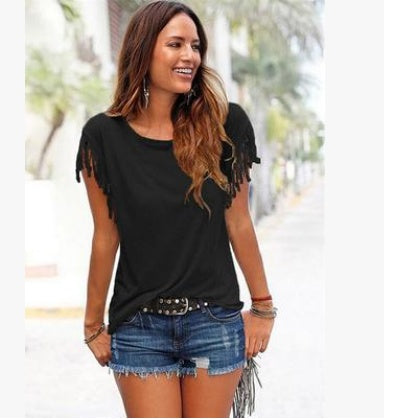 Wish quick sale eBay ladies Europe and America big size round neck short sleeve cuffs tassel T-shirt cotton tops - Cozy Haven