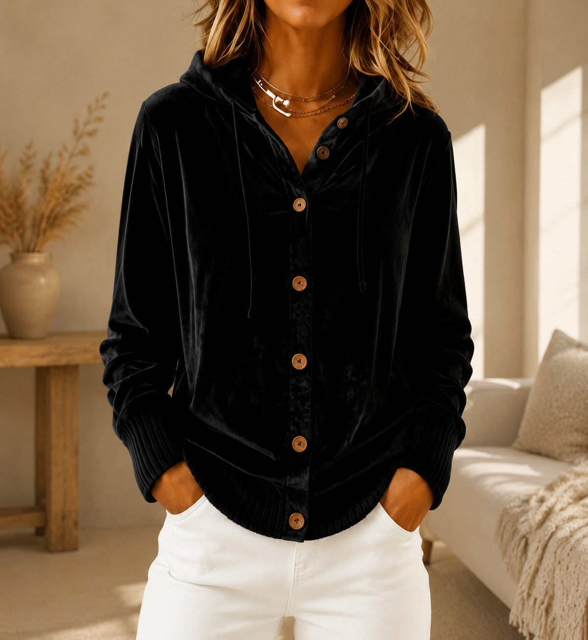 Buttoned Velvet Hooded Cardigan Solid-Color Coat For Women - Cozy Haven
