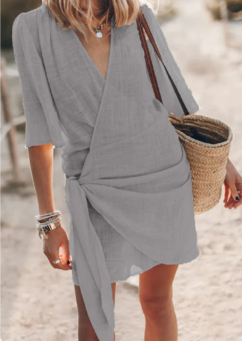 Linen Cross V-Neck Dress - Cozy Haven