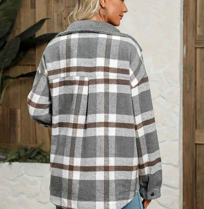 Women's Contrast Color Plaid Jacket Casual Polo Collar Velvet Jacket - Cozy Haven