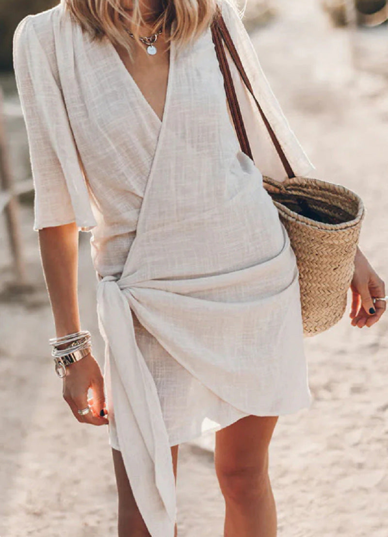 Linen Cross V-Neck Dress - Cozy Haven