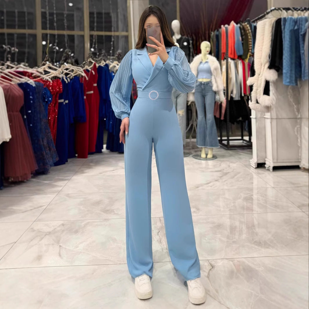 Fitted Jumpsuit With Pleated Long Sleeves And A Blazer Collar - Cozy Haven