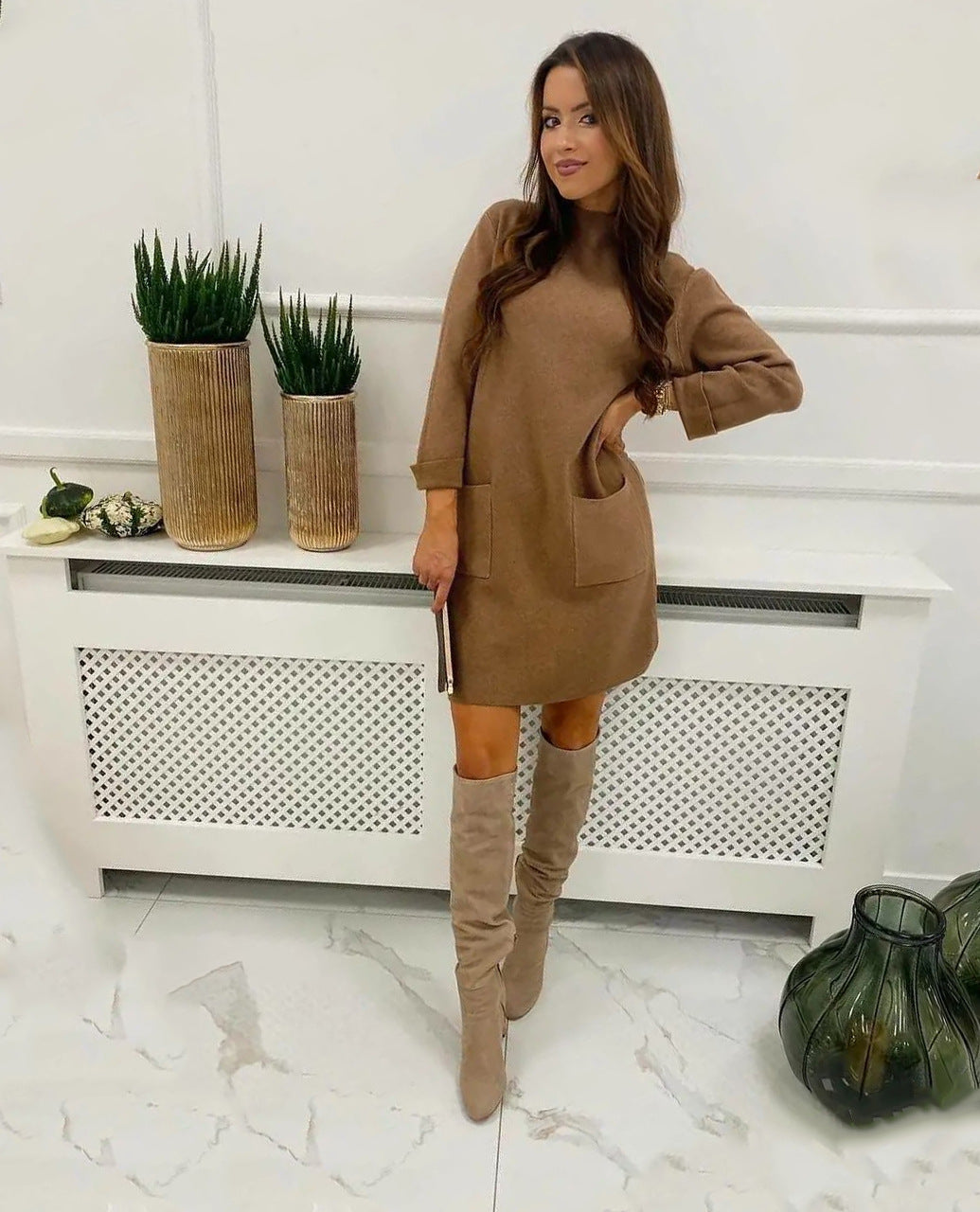 Casual Pocket Round Neck Boutique Dralon Long Sleeve Dress - Cozy Haven