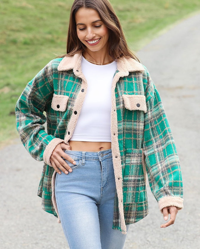 Women's Contrast Color Plaid Jacket Casual Polo Collar Velvet Jacket - Cozy Haven