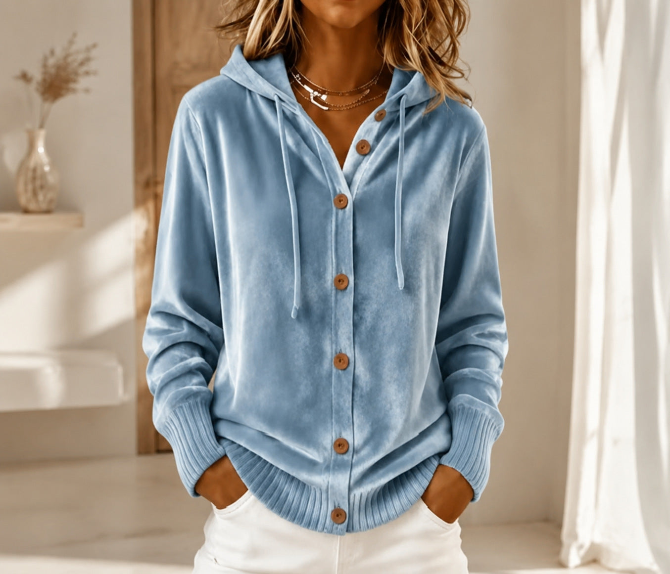 Buttoned Velvet Hooded Cardigan Solid-Color Coat For Women - Cozy Haven