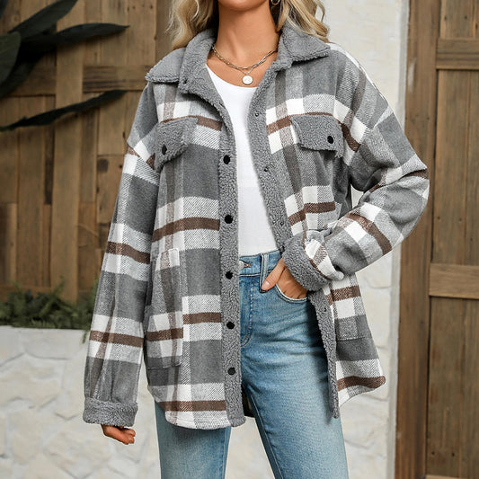 Women's Contrast Color Plaid Jacket Casual Polo Collar Velvet Jacket - Cozy Haven