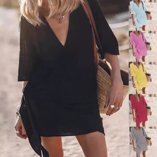 Linen Cross V-Neck Dress - Cozy Haven