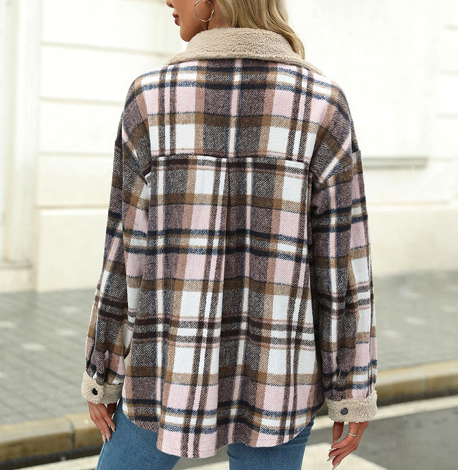 Women's Contrast Color Plaid Jacket Casual Polo Collar Velvet Jacket - Cozy Haven