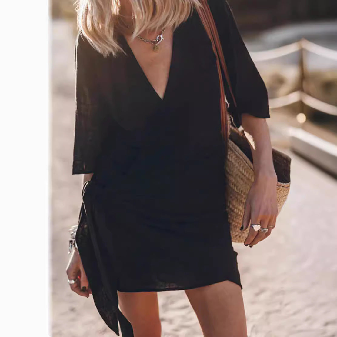 Linen Cross V-Neck Dress - Cozy Haven