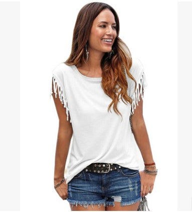 Wish quick sale eBay ladies Europe and America big size round neck short sleeve cuffs tassel T-shirt cotton tops - Cozy Haven