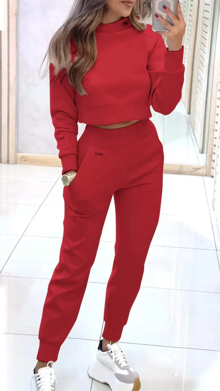 Stand Collar Sports Suit Fashion Pullover Long-sleeves Short Top And Slim Trousers With Pockets Solid Outfits Women's Clothing - Cozy Haven