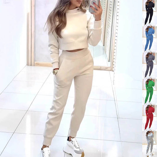 Stand Collar Sports Suit Fashion Pullover Long-sleeves Short Top And Slim Trousers With Pockets Solid Outfits Women's Clothing - Cozy Haven