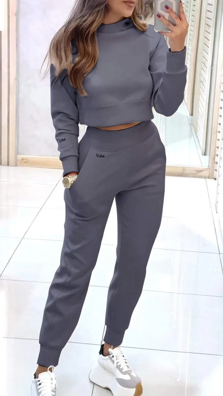 Stand Collar Sports Suit Fashion Pullover Long-sleeves Short Top And Slim Trousers With Pockets Solid Outfits Women's Clothing - Cozy Haven