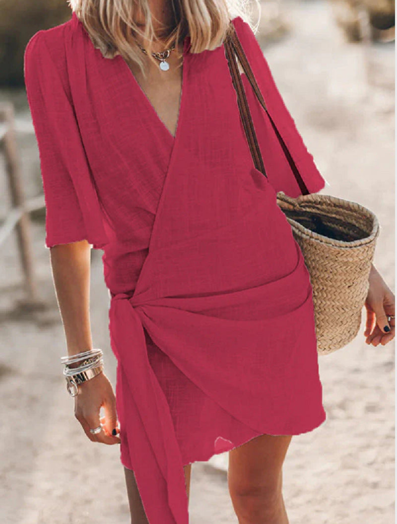 Linen Cross V-Neck Dress - Cozy Haven