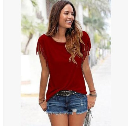 Wish quick sale eBay ladies Europe and America big size round neck short sleeve cuffs tassel T-shirt cotton tops - Cozy Haven