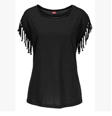 Wish quick sale eBay ladies Europe and America big size round neck short sleeve cuffs tassel T-shirt cotton tops - Cozy Haven