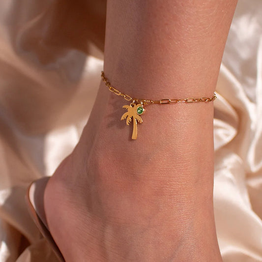 Palm Tree Birthstone Anklet Paperclip Chain Anklet Fashionable Jewelry - Cozy Haven