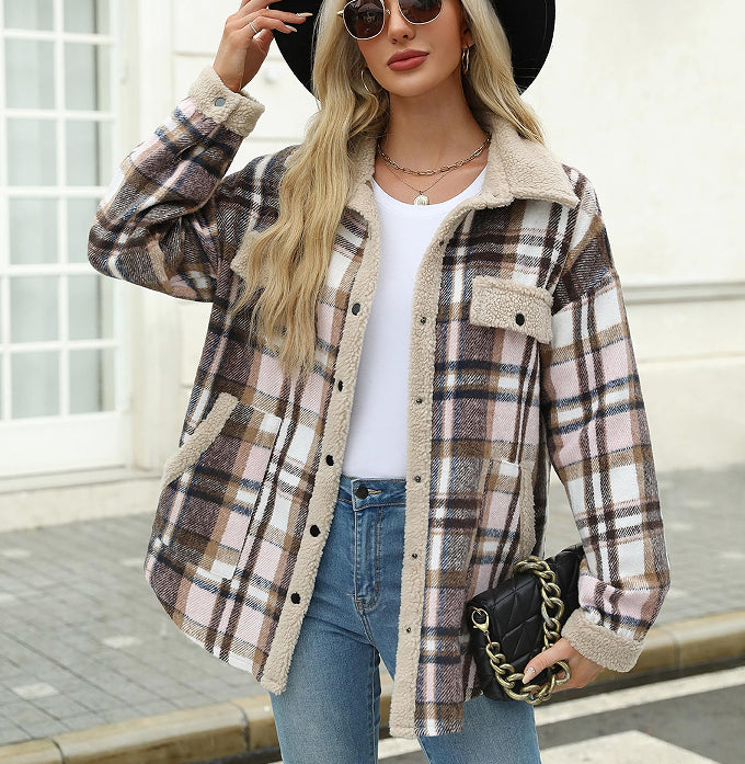 Women's Contrast Color Plaid Jacket Casual Polo Collar Velvet Jacket - Cozy Haven