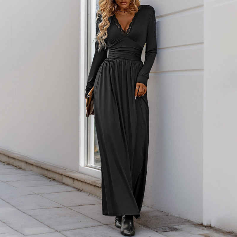 Women's Solid-Color V-Neck Elegant Lace Bodycon Split Dress - Cozy Haven