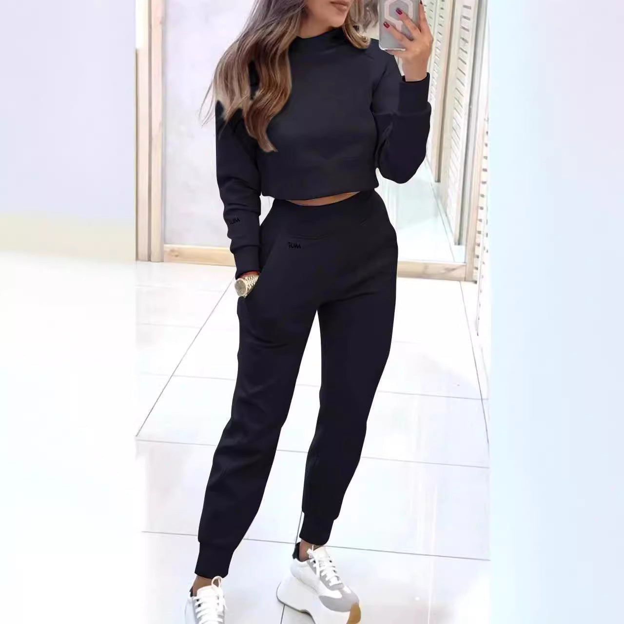 Stand Collar Sports Suit Fashion Pullover Long-sleeves Short Top And Slim Trousers With Pockets Solid Outfits Women's Clothing - Cozy Haven