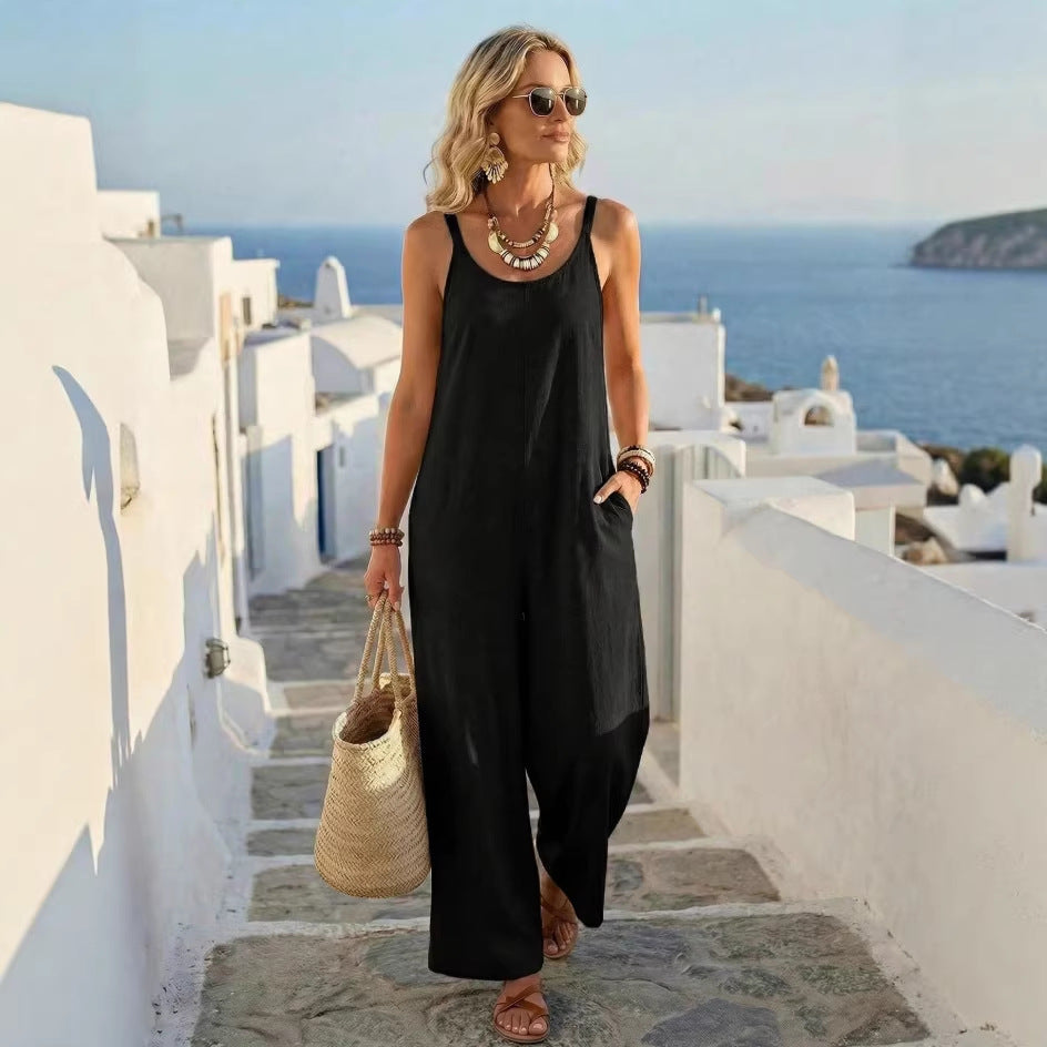 Summer Womens Casual Solid Color Khaki Wide-Leg Jumpsuit - Cozy Haven