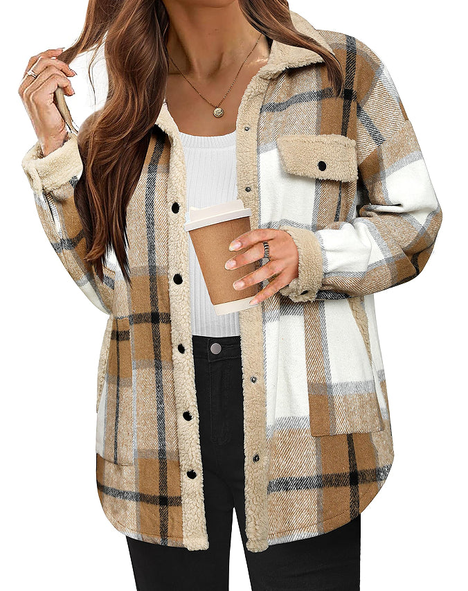 Women's Contrast Color Plaid Jacket Casual Polo Collar Velvet Jacket - Cozy Haven