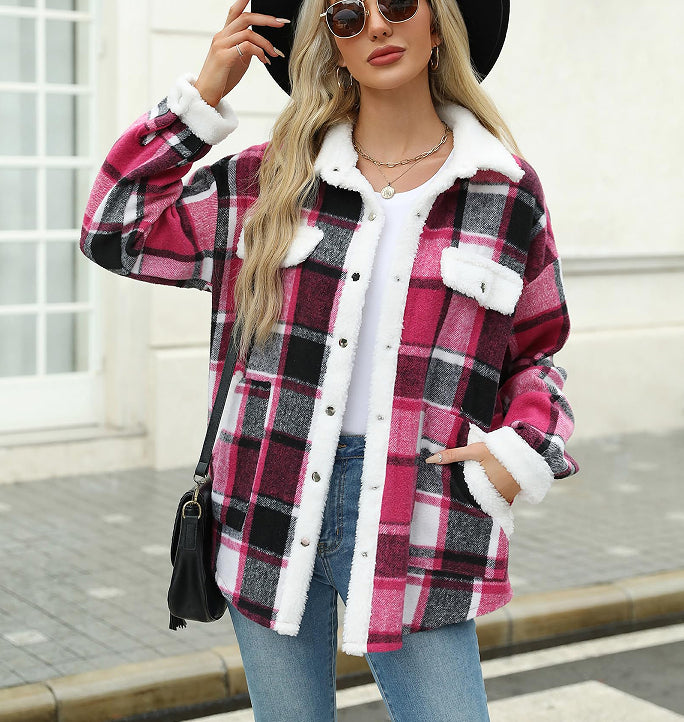 Women's Contrast Color Plaid Jacket Casual Polo Collar Velvet Jacket - Cozy Haven