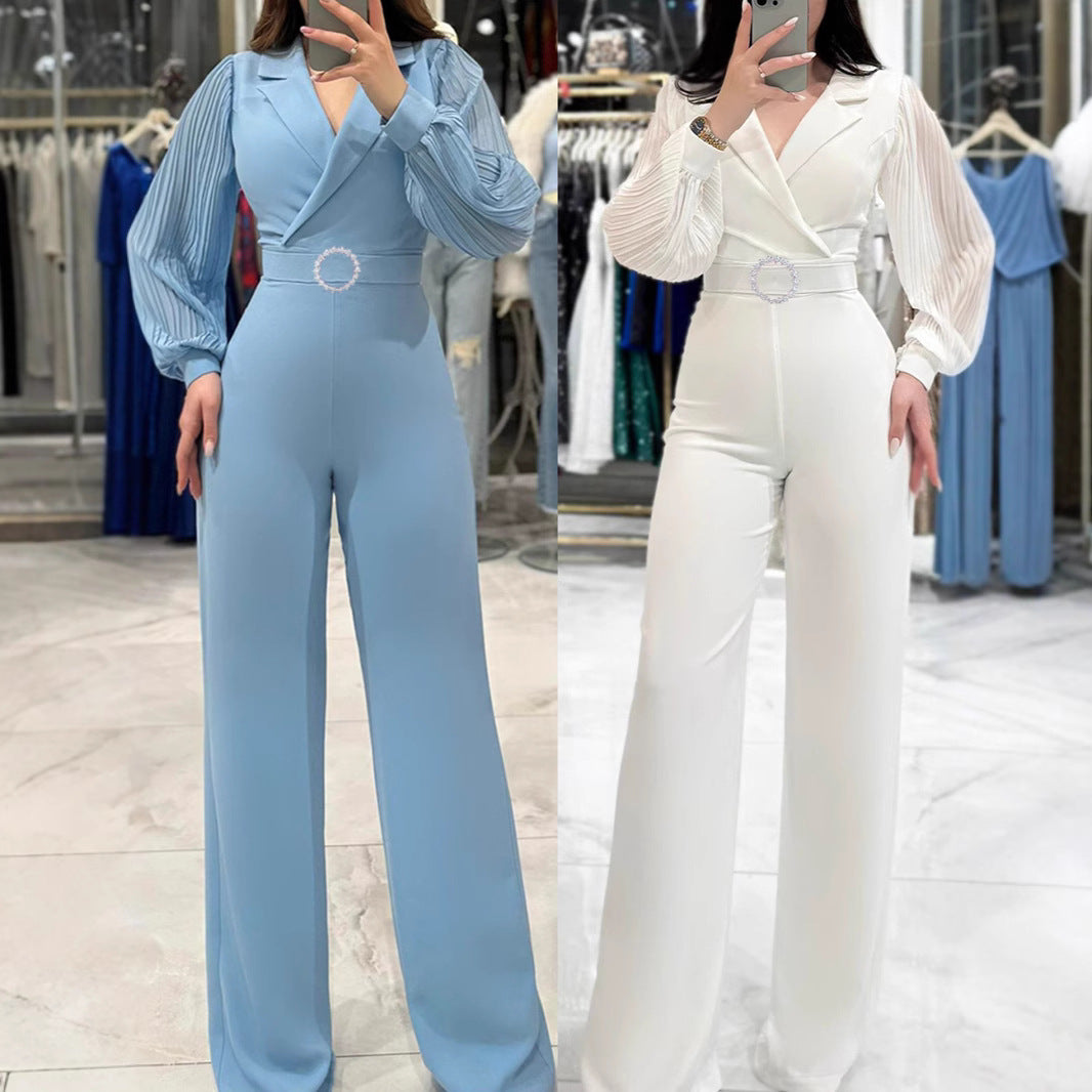 Fitted Jumpsuit With Pleated Long Sleeves And A Blazer Collar - Cozy Haven