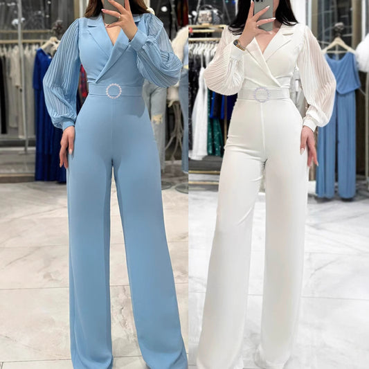 Fitted Jumpsuit With Pleated Long Sleeves And A Blazer Collar - Cozy Haven