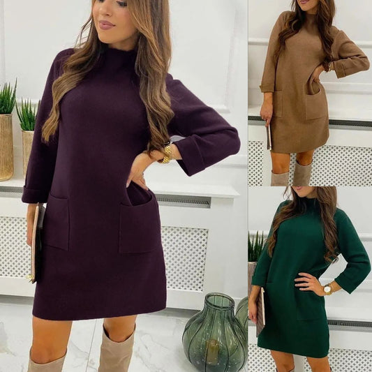 Casual Pocket Round Neck Boutique Dralon Long Sleeve Dress - Cozy Haven