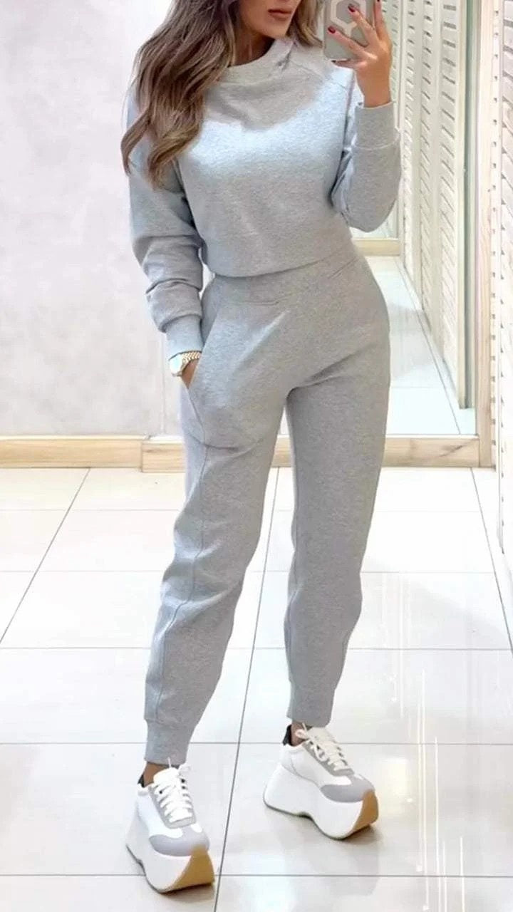 Stand Collar Sports Suit Fashion Pullover Long-sleeves Short Top And Slim Trousers With Pockets Solid Outfits Women's Clothing - Cozy Haven
