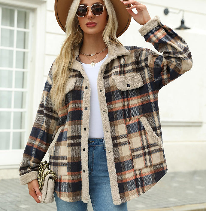 Women's Contrast Color Plaid Jacket Casual Polo Collar Velvet Jacket - Cozy Haven