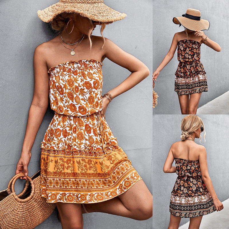Women's Bohemian Floral Print Strapless Dress Summer Beach Dress - Cozy Haven