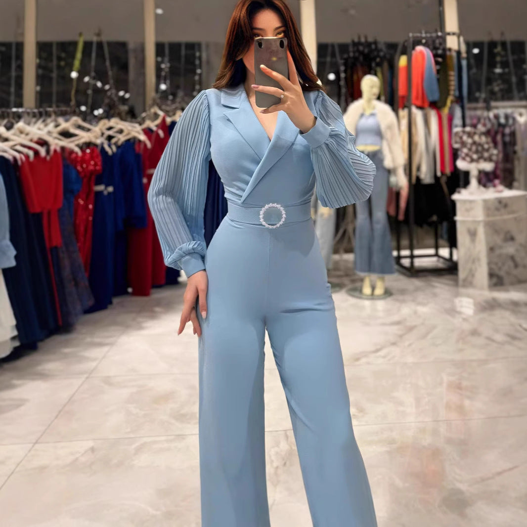 Fitted Jumpsuit With Pleated Long Sleeves And A Blazer Collar - Cozy Haven