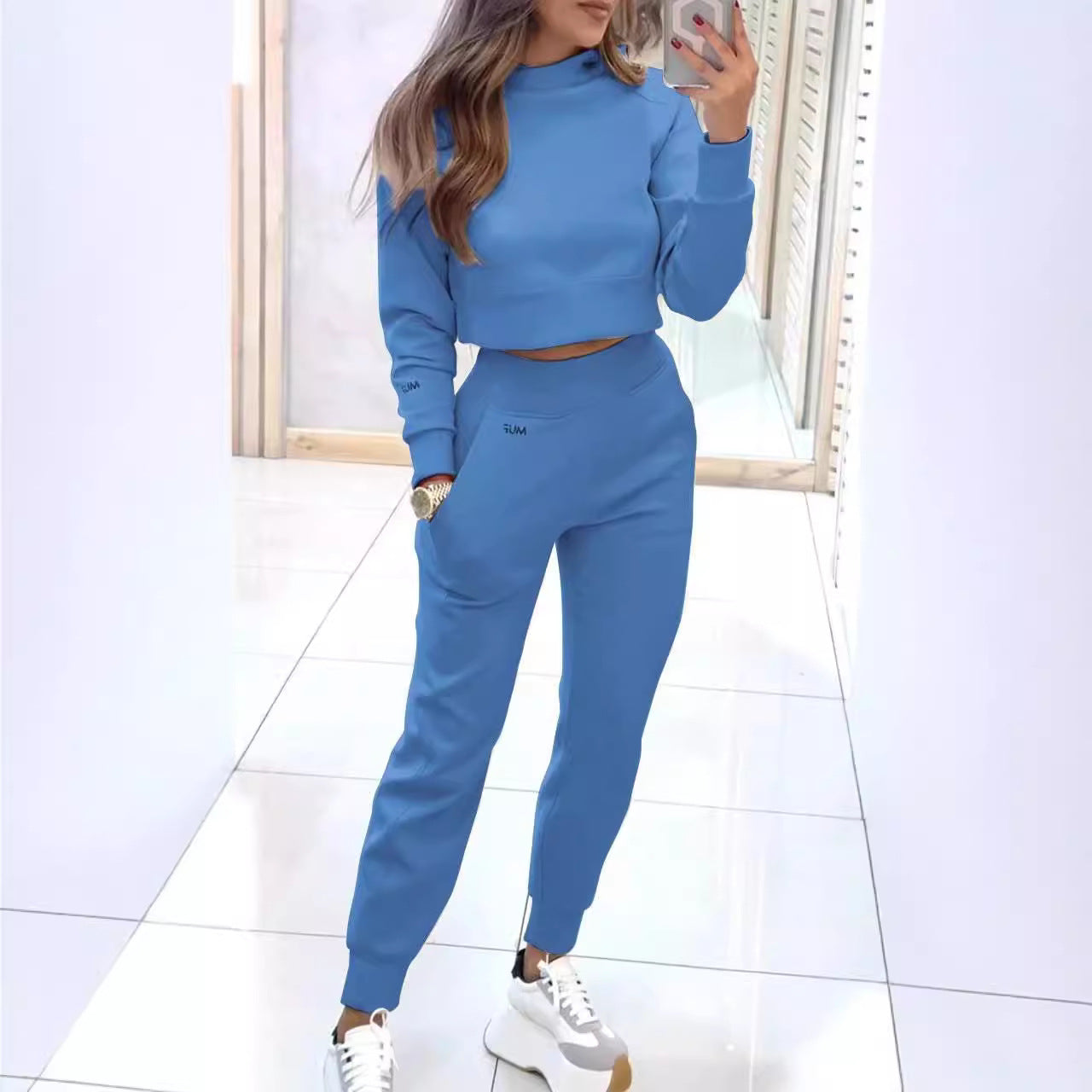 Stand Collar Sports Suit Fashion Pullover Long-sleeves Short Top And Slim Trousers With Pockets Solid Outfits Women's Clothing - Cozy Haven