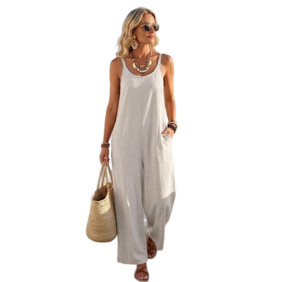 Summer Womens Casual Solid Color Khaki Wide-Leg Jumpsuit - Cozy Haven