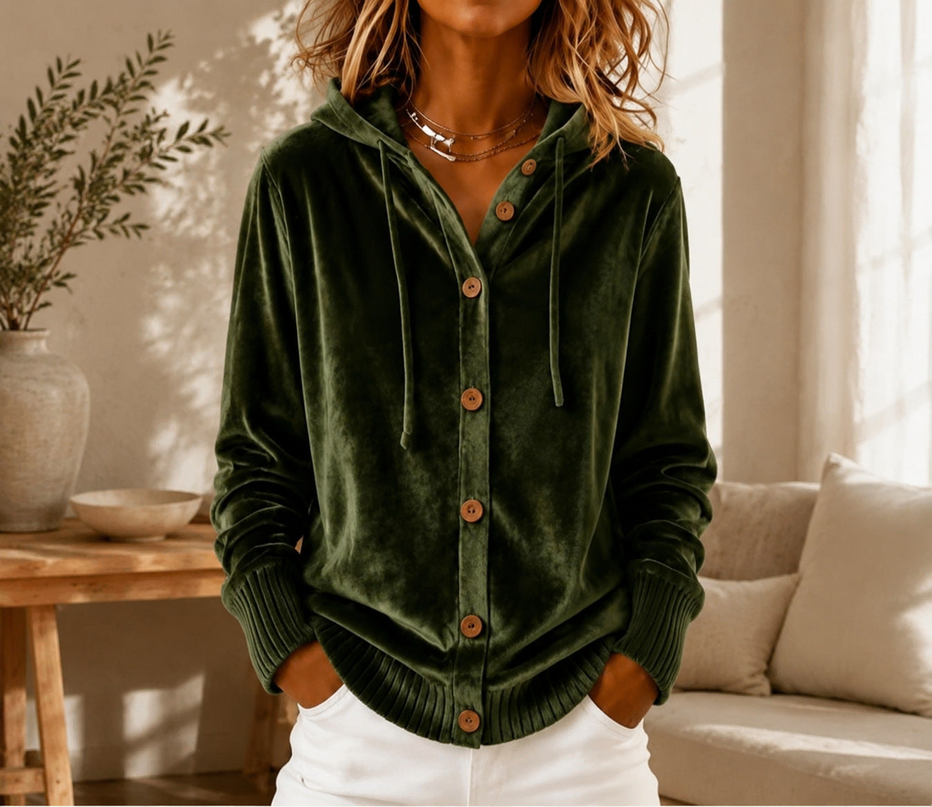 Buttoned Velvet Hooded Cardigan Solid-Color Coat For Women - Cozy Haven