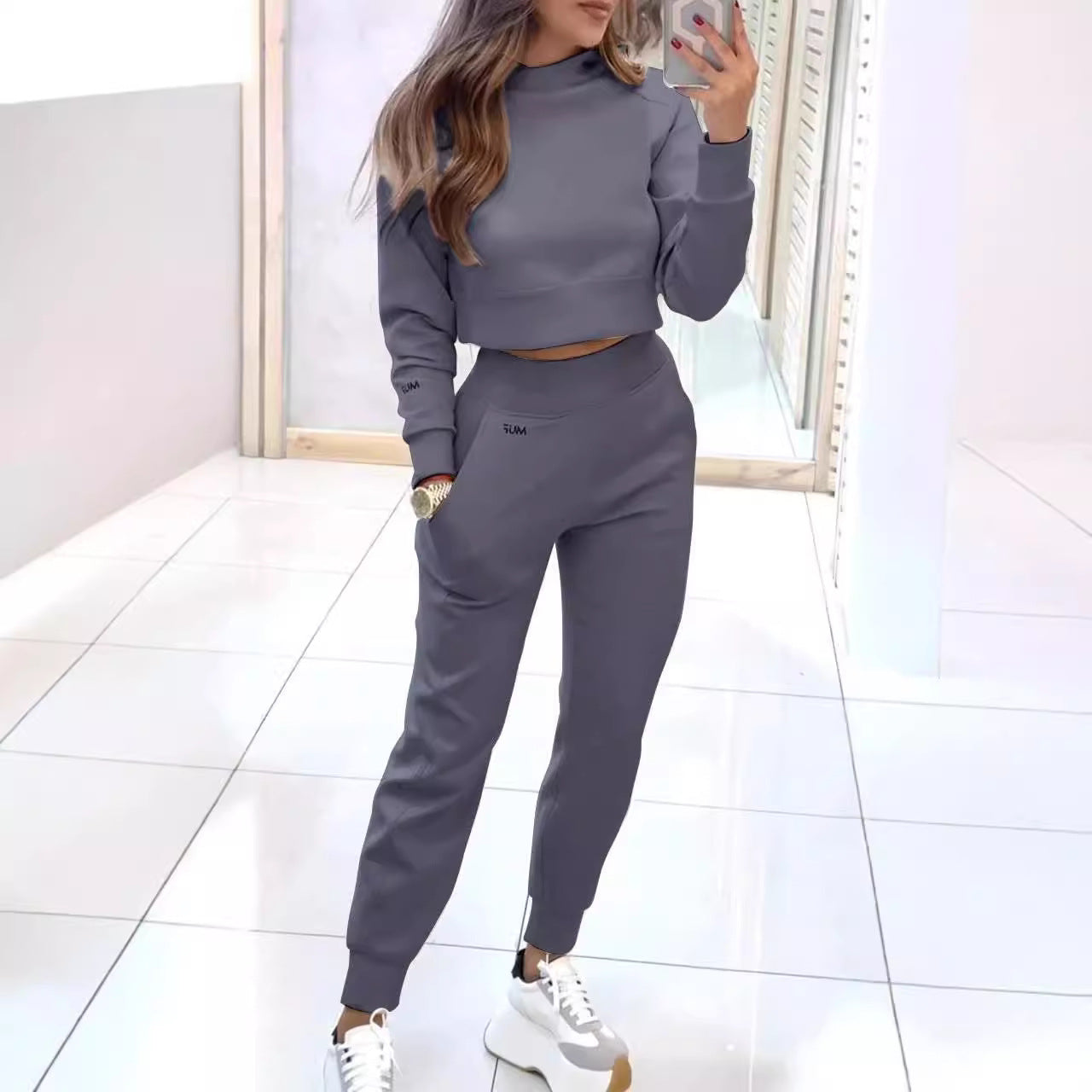 Stand Collar Sports Suit Fashion Pullover Long-sleeves Short Top And Slim Trousers With Pockets Solid Outfits Women's Clothing - Cozy Haven
