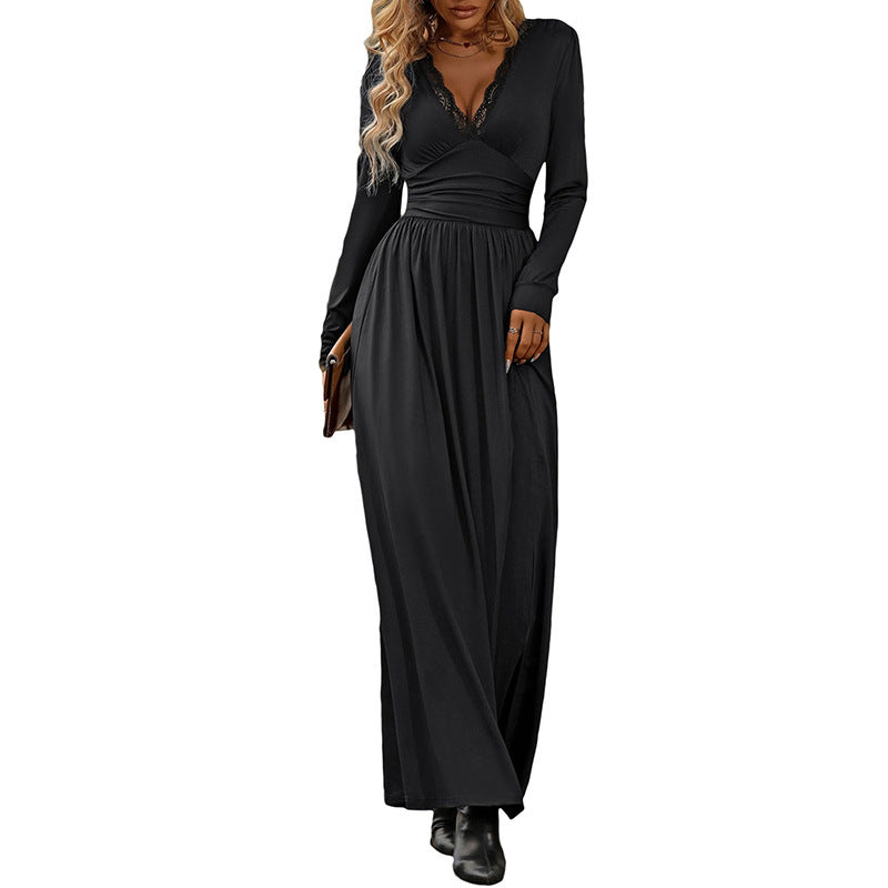 Women's Solid-Color V-Neck Elegant Lace Bodycon Split Dress - Cozy Haven