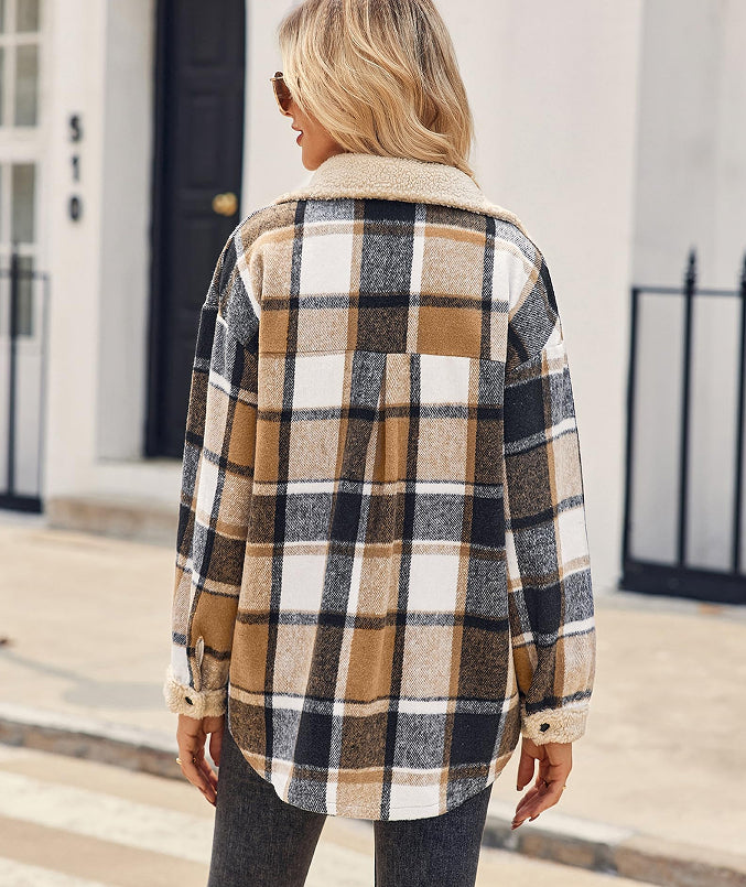 Women's Contrast Color Plaid Jacket Casual Polo Collar Velvet Jacket - Cozy Haven