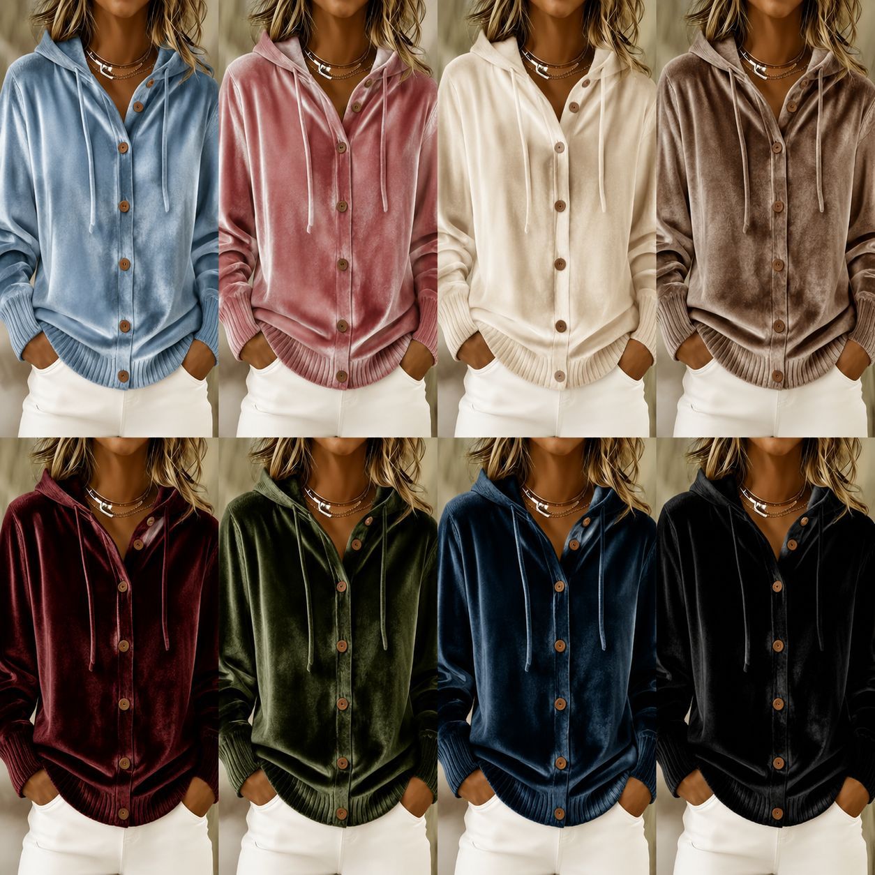 Buttoned Velvet Hooded Cardigan Solid-Color Coat For Women - Cozy Haven